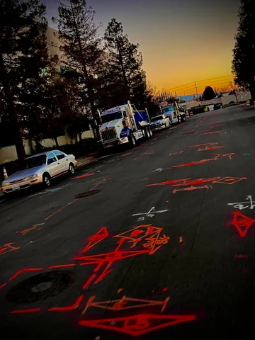 Street covered in dense locate markings at dusk with work trucks staged alongside