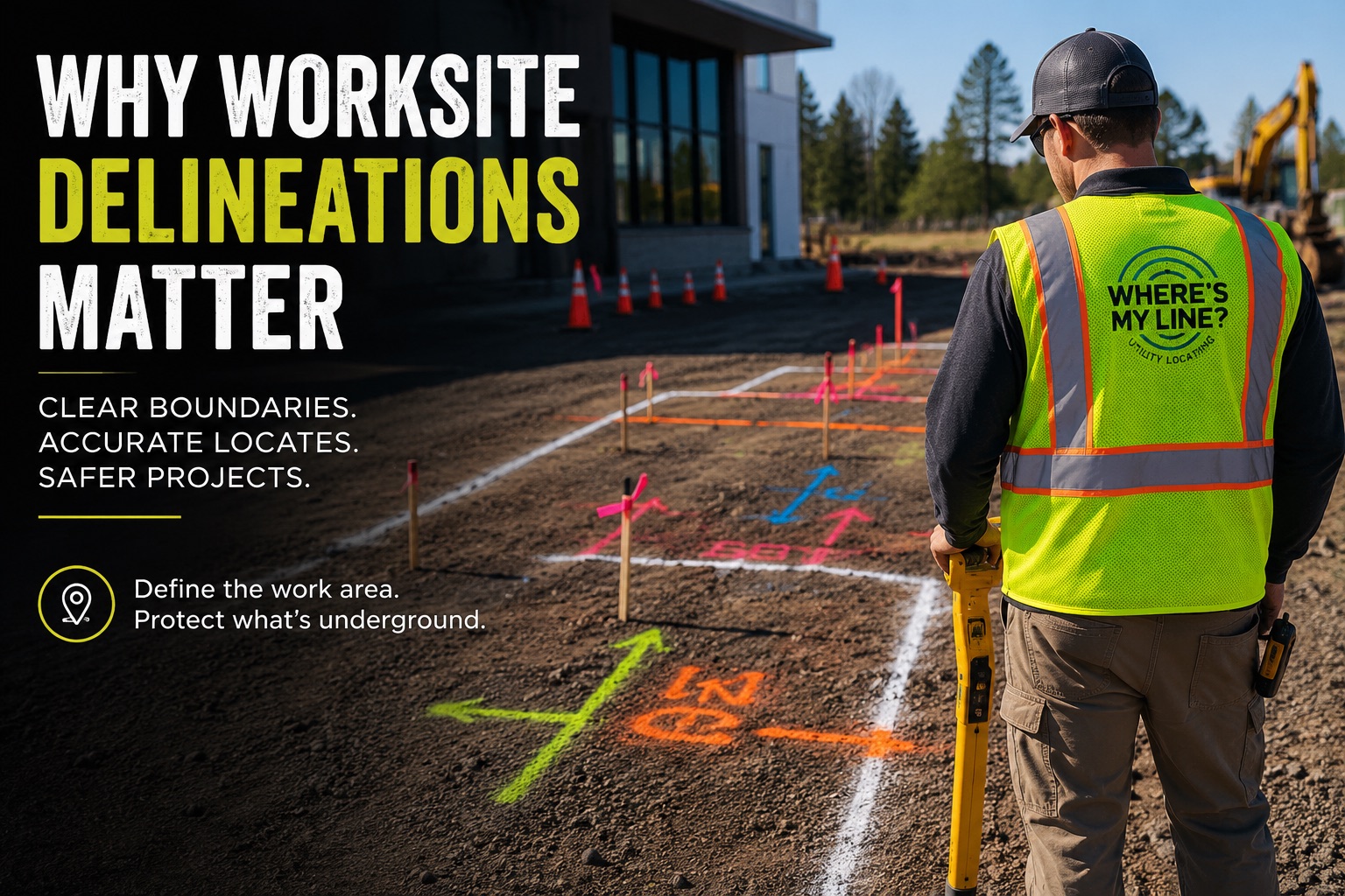 A locator standing beside a bunch of utility marks, depicting what’s underground, which clearly shows communications GPR, water, gas and storm